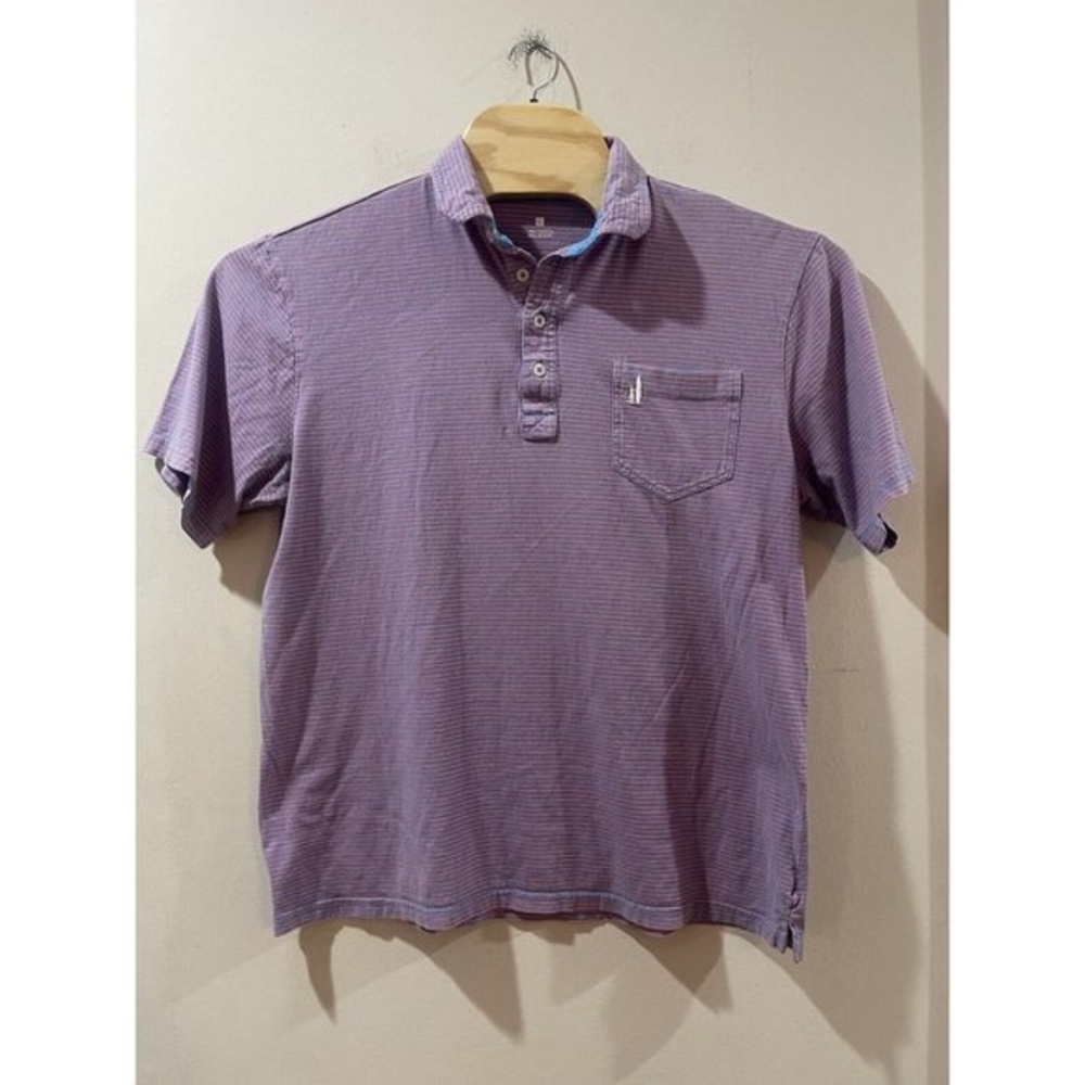 Johnnie‎ O Shirt Mens Large Red Blue Striped Polo Hangin Out Short Sleeve Golf